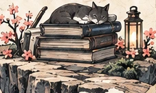 Кот спит на стопке книг