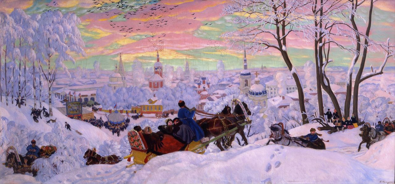 Обои с календарём на декабрь 2026: Б. Кустодиев. Масленица, 1916