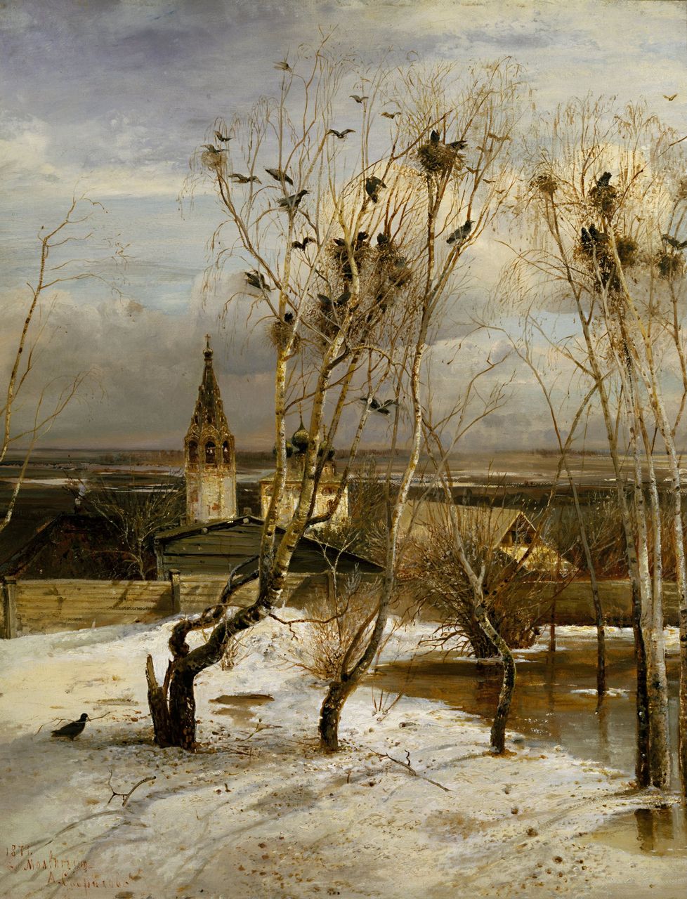 Обои с календарём на апрель 2027: А. Саврасов. Грачи прилетели, 1871