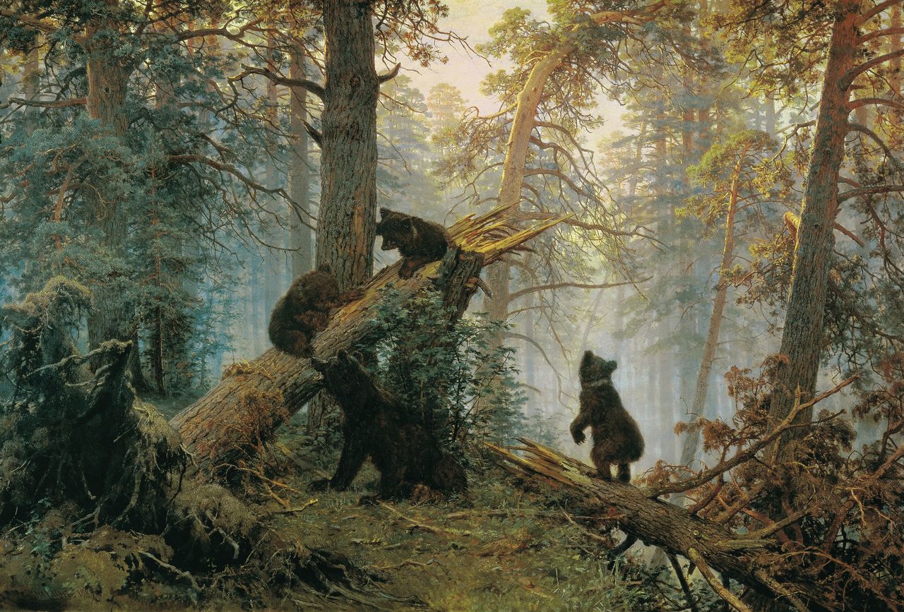 Обои с календарём на август 2027: И. Шишкин. Утро в сосновом лесу, 1889